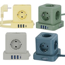티메코 TMC-10 SF코팅 큐브 디자인 5구 멀티탭 C타입 USB 20W 고속충전 2M 전선형, 1개, 옐로우