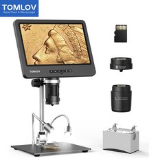 TOMLOV DM602 HDMI Digital Microscop 디지털 현미경 10.1인치 IPS 프리미엄 스크린 1500배율 납땜 동전 현미경+10배 슬라이드(USB 포트 포함), 1, 1500