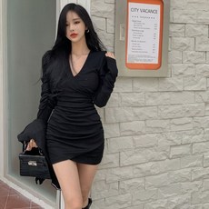 포린박스 브이넥 셔링 주름 랩 슬림 섹시 면 미니 원피스 SY