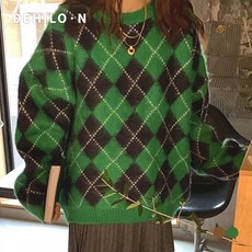 데일로엔 여성용 컬러 배색 아가일 패턴 라운드 긴팔 니트