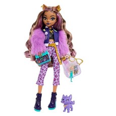 Monster High Clawdeen 늑대 패션 인형 보라색 줄무늬 머리카락 시그니처 룩 액세서리 및 애완견 미디엄