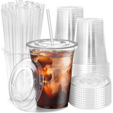 Fit Meal Prep 100 팩 24온스 투명 플라스틱 컵 플랫 뚜껑 일회용 아이스 커피 파티용 BPA 무료 프리미엄 크리스탈 스무디 레몬에이드 스탠드 차가운 음료 주스 밀