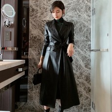 가을옷 가죽자켓 여성 카라넥 스트랩 허리보정 롱 트렌치코트 무릎넘어 코트 슬림