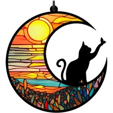 WGLILO 고양이 크리스탈 달의 검은 스테인드 아크릴 창문 걸이 벽 주방 거실 사무실용 수공예 레인보우 선캐처 애호가 여성 크리스마스를 위한 장식 선물 6.4인치 Q17007, 1개