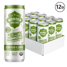 Wonder Drink 원더드링크 프리바이오틱 콤부차 스파클링 아시안 페어 앤 진저 로우슈가 음료 12캔 12 fl oz 355ml, 0.355l, 12개