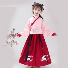 others 한 푸 여아 춘추 형 중국 풍 명 제 저고리 치마 두 벌 자수 일상 고 장 허리 당장공주 고풍 공연 복 핑크 (비녀 + 헤어밴드 아이브로우) 140