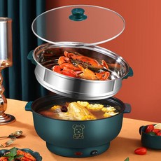 스팀팟 전기야채찜기 죽 국 멀티 이지 쿠커 가정용 전기찜기 电煮锅多功能家用学生宿舍煮面小电锅电炒锅蒸煮煎涮一体电热火锅, 4.22CM不粘锅【可煎炒煮涮】 - 万瑾旗舰款-墨绿色＋刀