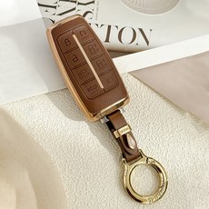 YAILIS 호환 제네시스키케이스 가죽키링 8버튼 G70 GV70 G80 스마트홀더세트 가죽 TPU키케이스, 브라운 브라운
