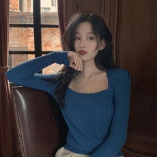 스퀘어넥 긴소매 골지 무지 슬림핏 니트