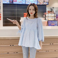 토파즈 YP0126 임산부 임부복 여름 라운드넥 면 셔링 캐주얼 미디 블라우스 퍼프소매 빅사이즈 반팔 루즈핏
