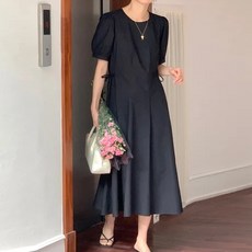 타니즈 루텐 라운드넥 허리끈 핀턱 여름 반팔 롱원피스