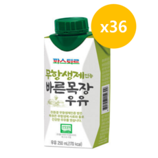 파스퇴르 무항생제 인증 바른목장 우유, 250ml, 36개