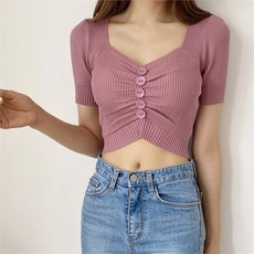 겟잇미데일리 버튼 크롭 셔링 반팔 니트