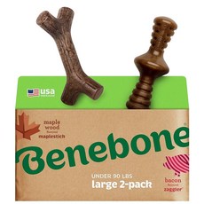 Benebone 2팩 피쉬본/위시본 내구성 있는 강아지 츄잉 장난감 리얼 피쉬 베이컨 미국산 라지, Large, 메이플스틱/재글러, Large, 2개