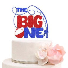 ZLPDS The Big One Happy Birthday 케이크 토퍼 낚시 해피 1세 생일 바버 피쉬 맨 어업 폴 피셔 파티 용품 블루 레드 글리터, ZLPDS The Big One Happy Birthd, 1개