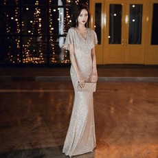 스팽글 케이프슬리브 슬림 머메이드롱드레스 연말파티