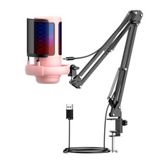 게임용 마이크 노이즈 캔슬링 USB 콘덴서 PC 컴퓨터 맥 유튜브용 RGB 라이브 스트리밍 노래 및 녹음, Pink