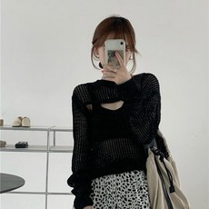 안나리야 라운드넥 트임 오픈 시스루 그물 니트 SY