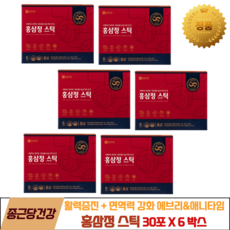 활력증진 면역력 강화 에브리&애니타임 종근당건강 홍삼정스틱 30포 x 6박스(6개월분), 300g, 180개