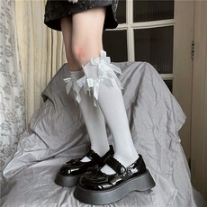 가을 여성 화이트 리본 섹시 양말 블랙 얇은 양말