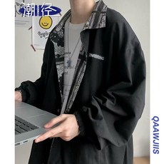 워킹 트레일 가을 겨울 신상품 양면에 10대 + 면 두툼한 아우터 남성 패션 다크 계열 한국판 루즈한 남성 자켓 ins 디자인 느낌 프린트 캐주얼 상의 저고리 블랙 l