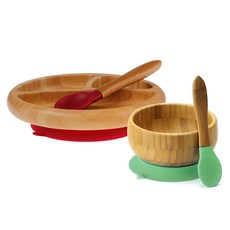 avanchy 대나무 아기 먹이 그릇 녹색 ＋ 숟가락 대나무 아기 먹이 접시 마젠타 ＋ 숟가락. 흡입 아기 식기, One Size, One Color