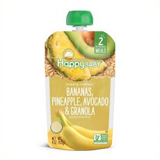 해피베이비 클리어리 크래프티드 어린이 스무디, 바나나 + 파인애플 + 아보카도 + 그래놀라(Banana + Pineapple + Avocado + Granola), 113g, 1개