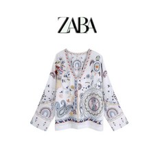 자수블라우스 ZARA 자라 여름여성 화이트옆트임 긴팔브이넥