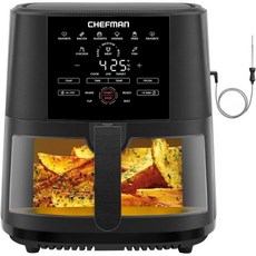 에어 프라이어 Chefman TurboFry® Touch Air Fryer XL 8Qt 패밀리 사이즈 원터치 디지털 컨트롤 프리셋 프렌치 프라이 치킨 고기 생선 논스틱 식기세척, ExacTemp with Probe, 8 QT - Black
