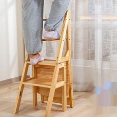 사다리 의자 접이식 계단의자 발판 원목 사다리 주방 다용도, 플립 수납 브라운, 1개