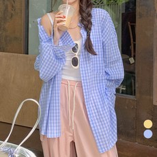 라라벨 여성용 셔츠 카라넥 체크 루즈핏 오버핏 남방 캐주얼 데일리 긴팔 셔츠