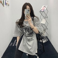 면 반팔 티셔츠 여 2024년 여름 루즈핏 트임 하프 탑 감각 학생 티셔츠
