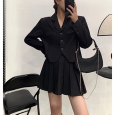 크롭 블레이저 자켓 플리츠 스커트 세트 3col