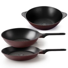 Kitchen-Art 平底鍋具3件組, 平底鍋28cm+深型平底鍋28cm+大炒鍋28cm, 酒紅色, 1組