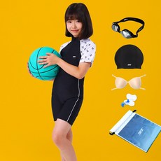 여아동 반팔 강습 생존수영 실내 수영복+수경+수모+브라+귀마개+비닐백 세트