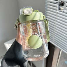 휴대용 대용량 스포츠 물병 플라스틱 빨대 물병, 녹색 인쇄 + 핸드 로프, 1250Ml