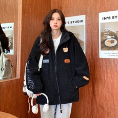 BOONINT 뽀글이 후드 점퍼 여성 빅사이즈 후리스 플 루즈핏 집업 양털 자켓 겨울 따뜻한 폴리스자켓 BN120723