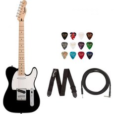 Fender 스콰이어 소닉 텔레캐스터 일렉트릭 기타 블랙 펜더 로고 스트랩 및 12팩 셀룰로이드 픽 포함 메이플 핑거보드 번들