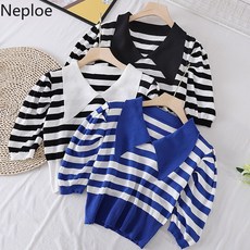 Neploe 니트 스트라이프 티셔츠 여성 여름 루스 칙 턴 다운 칼라 퍼프 슬리브 티셔츠 한국 빈티지 캐주얼 씬 탑스|T
