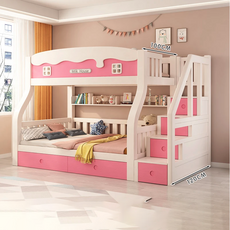 원목 분리형 이층침대, 상층 폭160 하층 폭180, 분홍색+하얀색/계단장+매트리스+서랍+책장