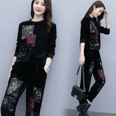 다루JJ 스타일리쉬 투피스 캐주얼 룩 여성 가을 패션 드랜드 벨벳 긴팔맨투맨 투수영복