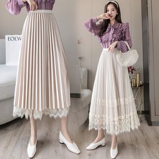 가을 밴딩웨스트 하이웨스트 A라인 하프기장 레이스 망사 언발 플리츠 스커트 여자