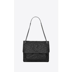 SAINT LAURENT große niki tasche aus schwarzem leder mit knitteroptik und steppn..