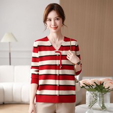 ROYALBELLE 여성 브이넥 부드러운 스웨터 버튼 장삭 스트라이프 컴포트 풀오버 니트 티셔츠 V83006