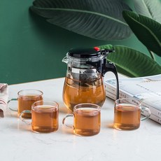 찻주전자 찰랑찰랑 컵 찻주전자 원터치 필터 유리 내열 싱글포트 가정용 찻잔 세트 쿵푸 다기 오버80824, 1개, [내열방폭]500ML싱글포트+4컵