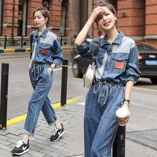 작업복점프수트 작은키 데님 원피스형 세트여성 2020봄가을 하이웨스트 슬림핏 bf와이드팬츠 작업 캐주얼