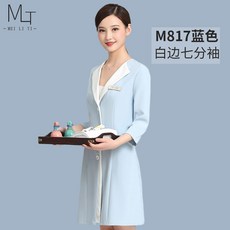 뷰티티 미용원 미용사 여성 피부 관리사 한식 고급 겨울 가을 계절 화이트 가운을 입고 있다 미들 소매, S M817 스카이블루 백변 칠부 소매