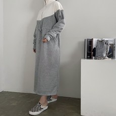 [비비애르] 아노락 투톤 반집업 배색 기모 스트링 롱 원피스 스포티한 츄리닝 맨투맨 겨울원피스
