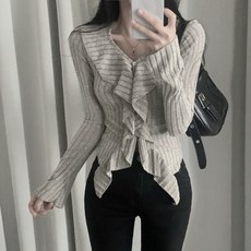 레티고 플레어 언발 프릴 브이넥 긴팔 골지 니트