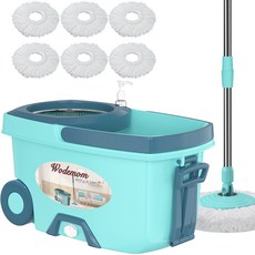 RinseWise FunClean 회전 대걸레와 물통 시스템 물기를 짜는 기능이 있는 대걸레와 물통 세트 바닥 청소용 대걸레 6개의 교체 리필이 포함된 가정용 도구 61인치, 1개